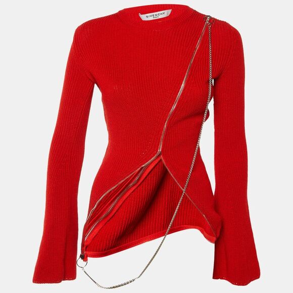 Givenchy Sweaters - Givenchy Red Knit Asymmetric Zipper Chain Detail Sweater Xs